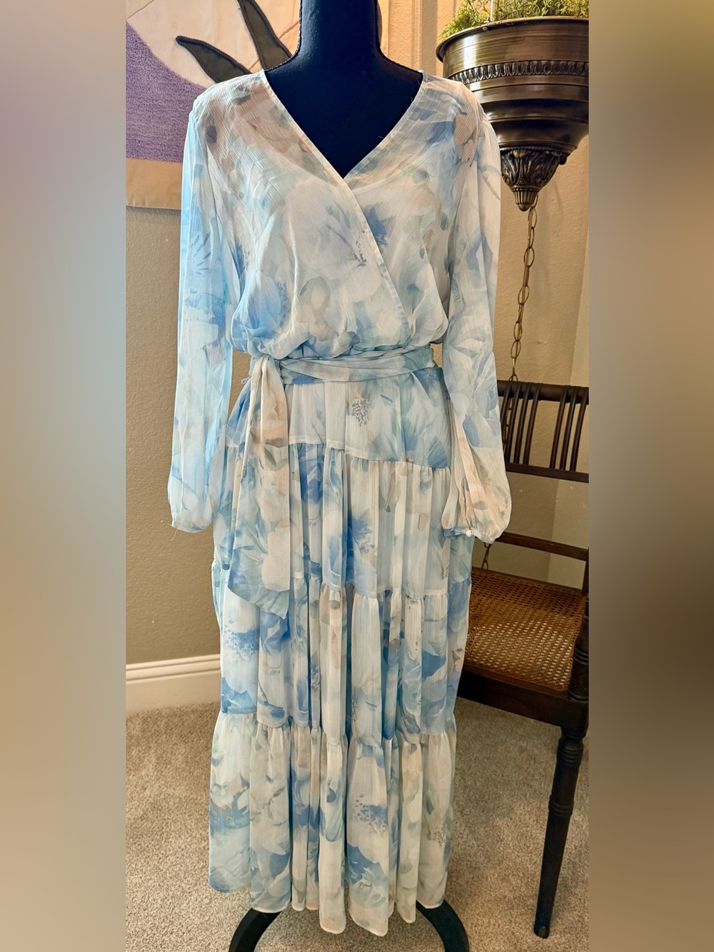 Calvin Klein Light Blue & White Floral Wrap Maxi Dress